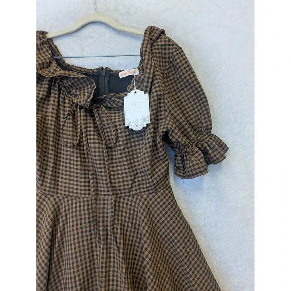 Ivy City Co Maple Women's Brown Gingham Check Midi Dress Size 2 NWT - Picture 5 of 14